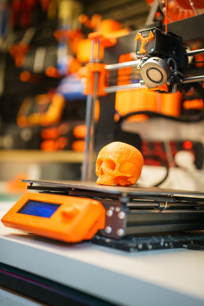 services-03 A close-up of an orange 3D printed skull on a 3D printer, showcasing modern technology in a workshop setting.